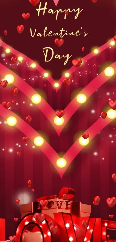 Valentine's Day wallpaper with hearts and gifts in vibrant red.