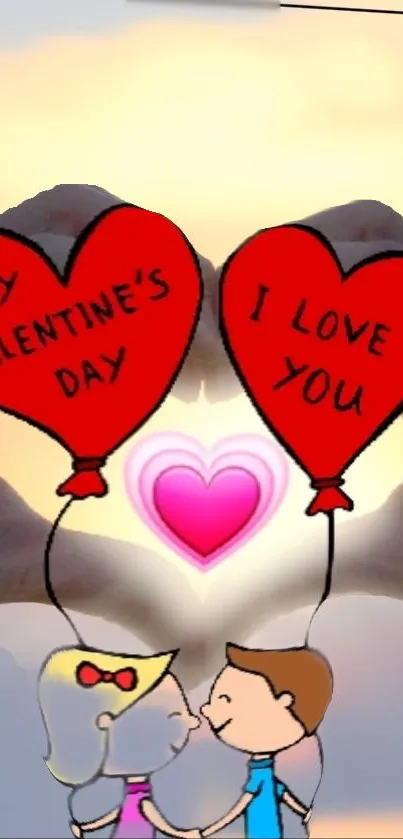 Couple with Valentine's balloons and heart illustration.