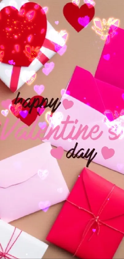 Colorful Valentine's Day wallpaper with pink envelopes and red hearts.