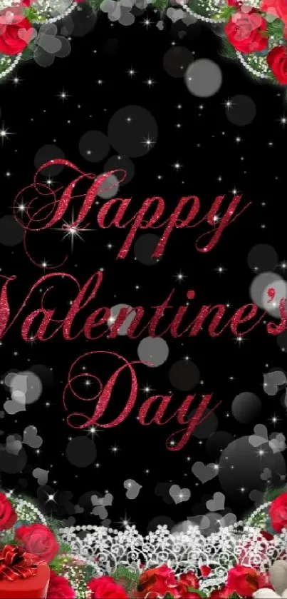 Valentine's Day wallpaper with red roses and elegant text.