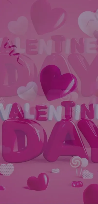 Valentine's Day wallpaper with pink hearts and decorations.