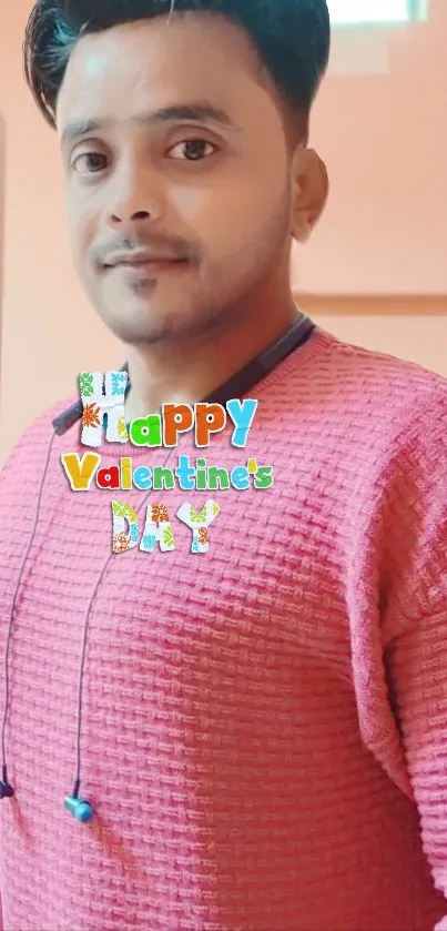 Person in a pink sweater with Valentine's Day text overlay.