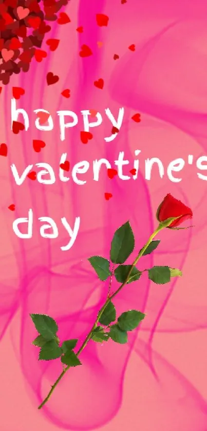 Valentine's Day pink background with a rose and hearts.