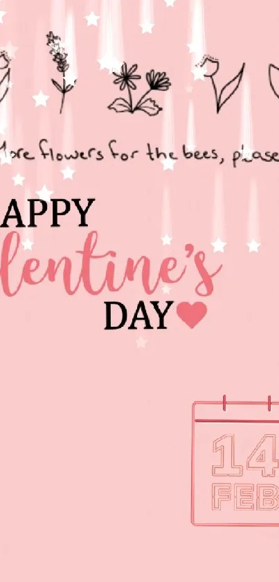 Pink Valentine's Day wallpaper with flowers and hearts.