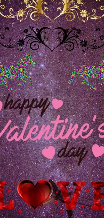 Romantic Valentine's Day wallpaper with hearts and cosmic background.