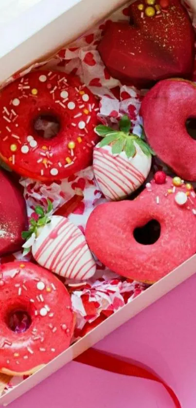 Valentine themed red donuts in box with pink background.