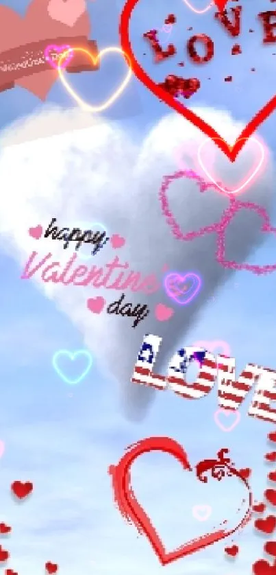 Valentine's Day wallpaper with heart clouds and red accents in a blue sky.
