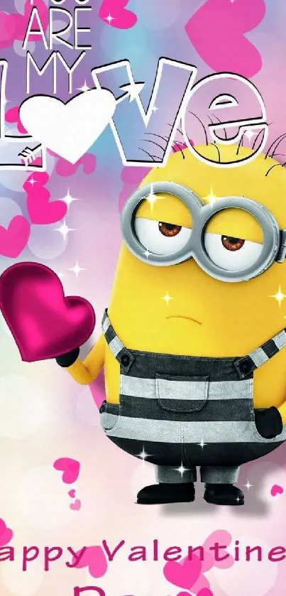 Cute Minion Valentine's Day wallpaper with pink hearts and love theme.