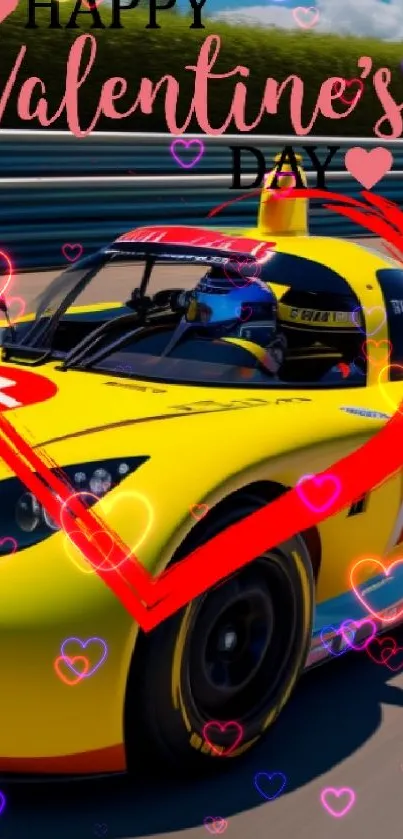 Yellow racing car with Valentine's Day theme and red heart accents on a track.