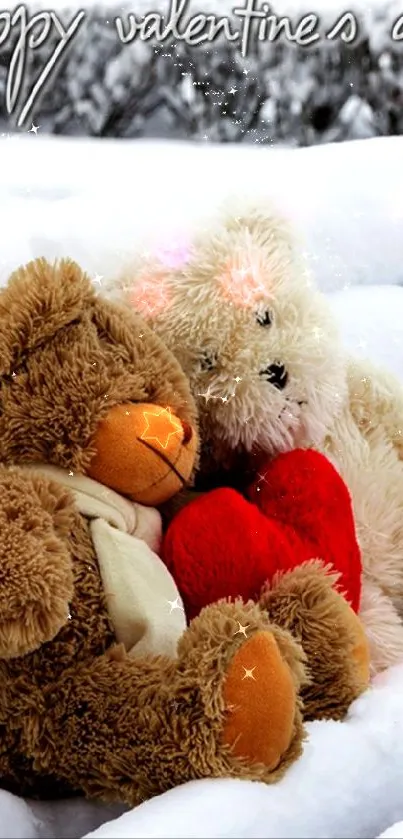 Teddy bears with red heart on snowy benches, Valentine's Day theme.