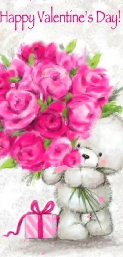 Cute teddy bear with a bouquet of pink roses for Valentine's Day.