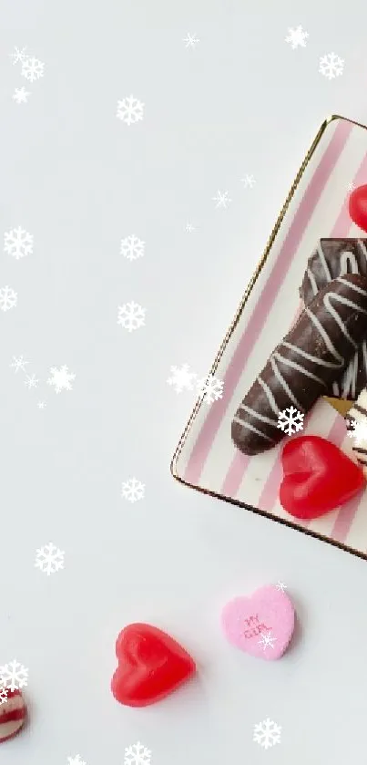 Chocolate treats with red and pink heart candies on a white background.