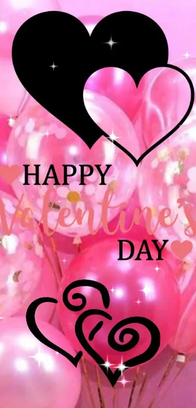 Valentine's Day wallpaper with pink balloons and black hearts.