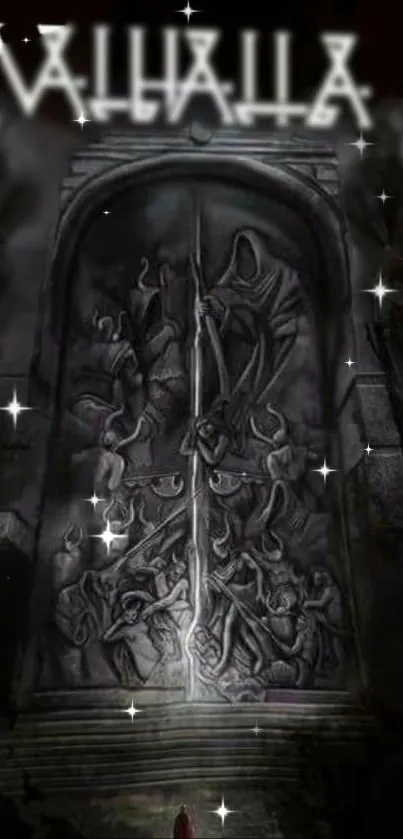 Valhalla-themed gothic stone carving mobile wallpaper.