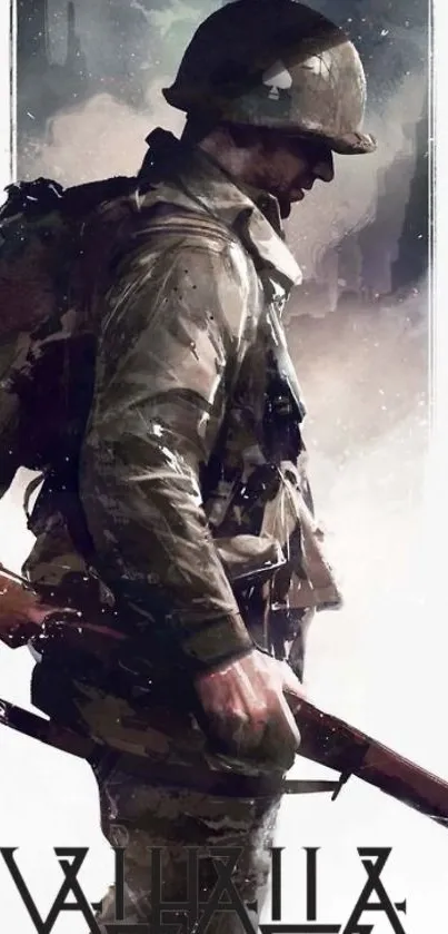 Illustrated Valhalla soldier with rifle in brown tones.