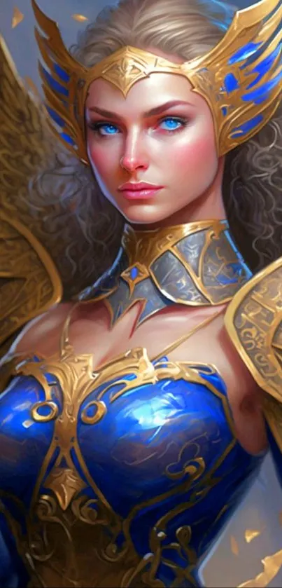 Fantasy valkyrie in blue armor with gold accents, depicted in a mystical scene.