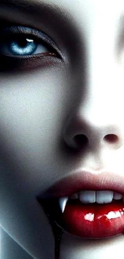 Mysterious vampire woman with blood-stained lips and captivating blue eyes.