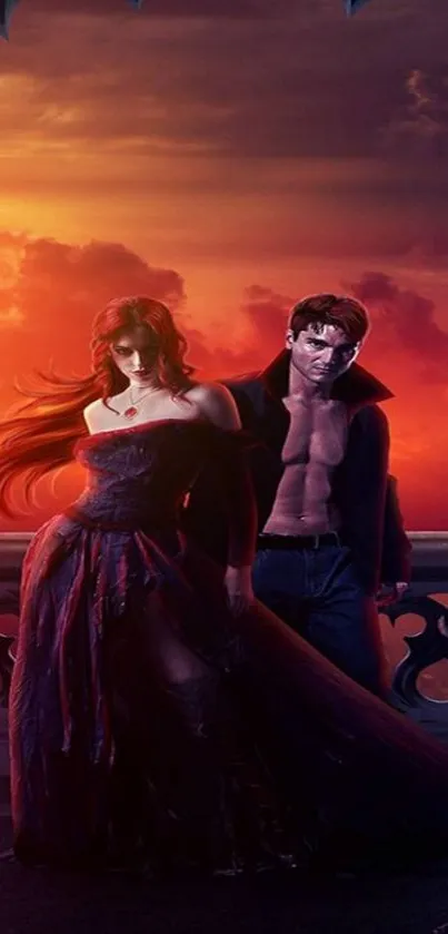 Vampire couple against a vibrant sunset sky.