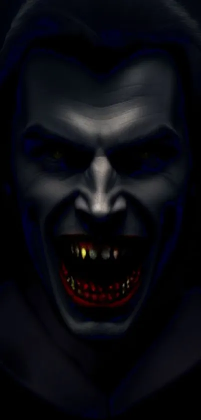 Vampire face with glowing eyes in dark wallpaper.