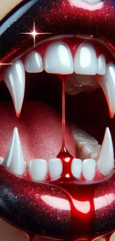 A bold vampire fangs mobile wallpaper with red blood dripping elegantly.