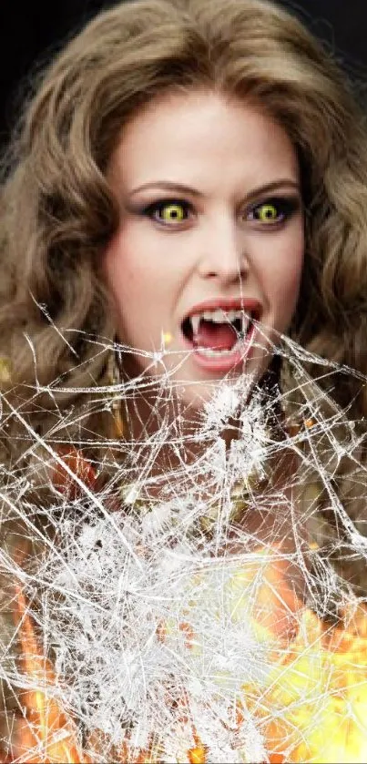 Glamorous vampire with fangs and striking eyes in a fantasy-inspired mobile wallpaper.