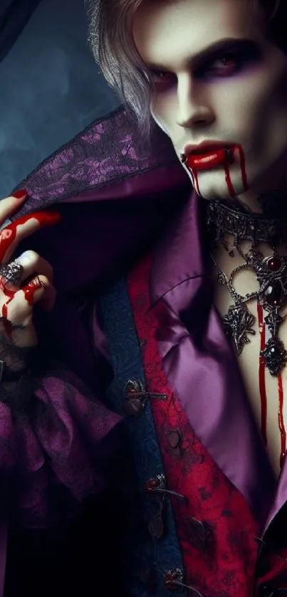 Vampire with gothic attire and blood-red accents on a purple backdrop.