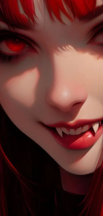 Red haired vampire with fangs and intense eyes.