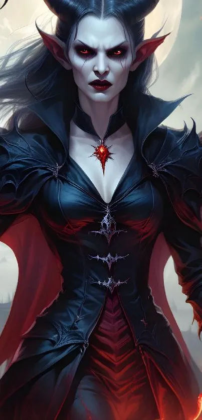 Dark and elegant vampire queen in black and red gothic attire on mobile wallpaper.