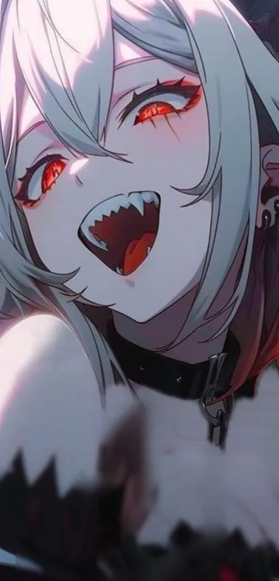 Anime vampire girl with red eyes and fangs in dramatic pose.