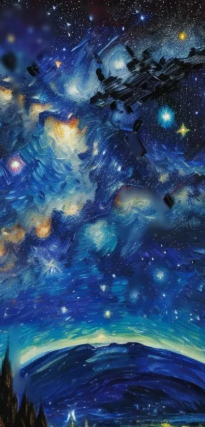 Starry night sky wallpaper with Van Gogh inspired swirls and vibrant blues.