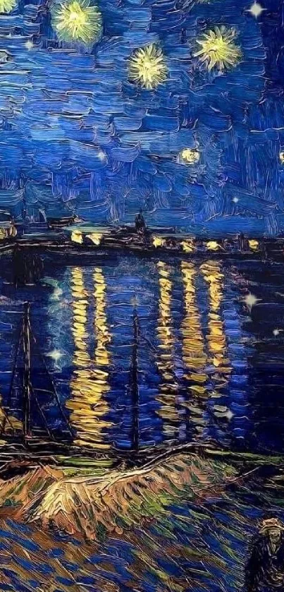 Van Gogh's Starry Night Over the Rhone with blue night sky.