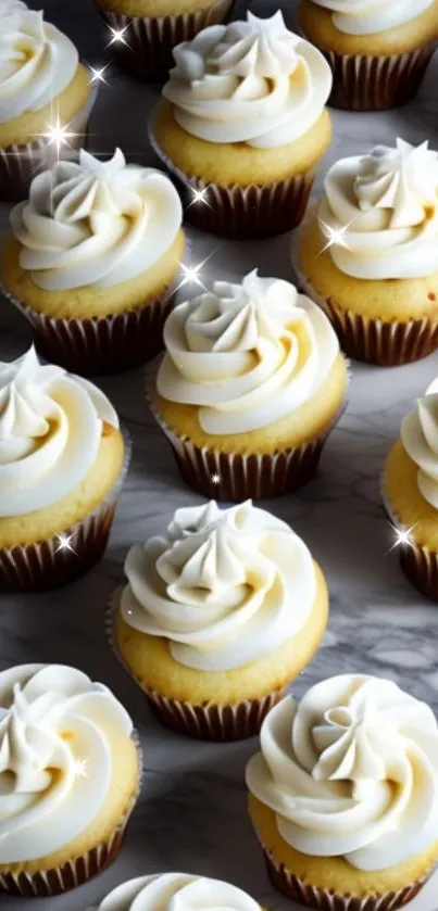 Vanilla cupcakes with creamy swirls on marble surface.