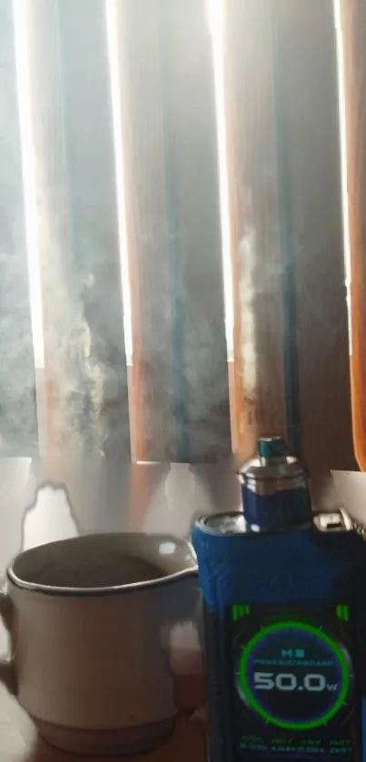 A steaming coffee cup and vapor against wooden blinds.