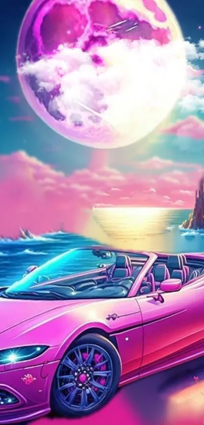 Vaporwave pink car under a large purple moon on ocean.