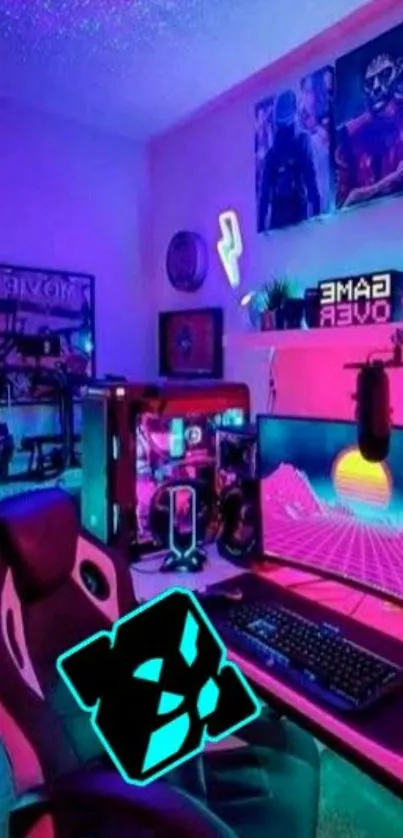 Vaporwave gaming setup with neon lights.