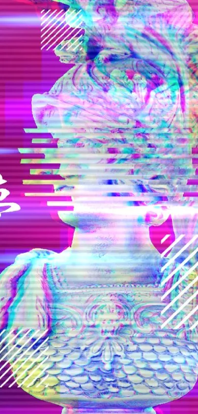 Vaporwave glitch art with neon statue and magenta background.