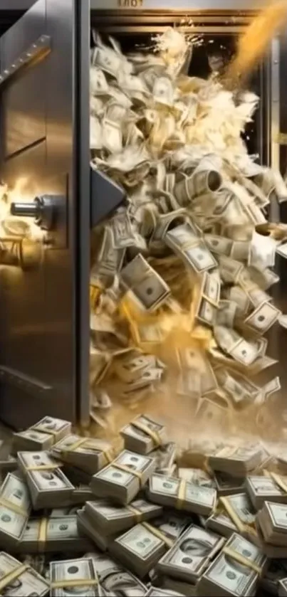 Bank vault bursting with cash bundles.