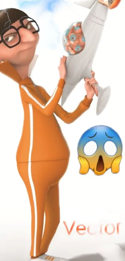 Vector character in orange tracksuit with shocked emoji.