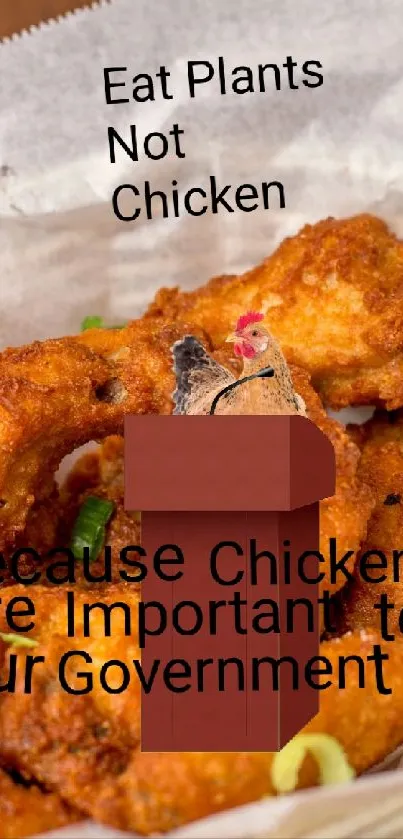 Humorous wallpaper with vegan message on chicken basket.