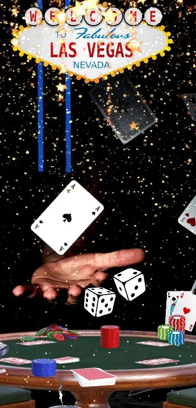 Dynamic Vegas-themed wallpaper with cards, dice, and poker chips.