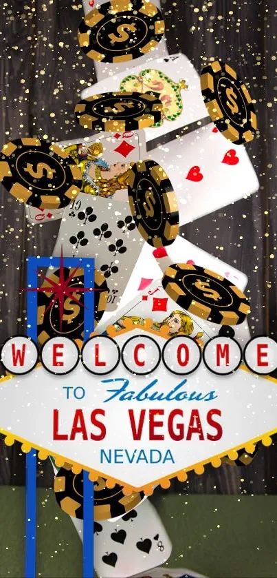 Vibrant Las Vegas casino-themed wallpaper with poker chips and playing cards.