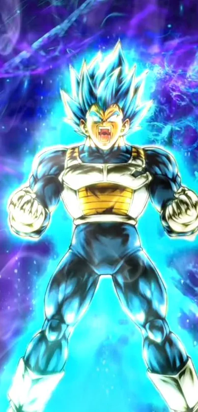 Vegeta in Super Saiyan God form with a vibrant blue aura.