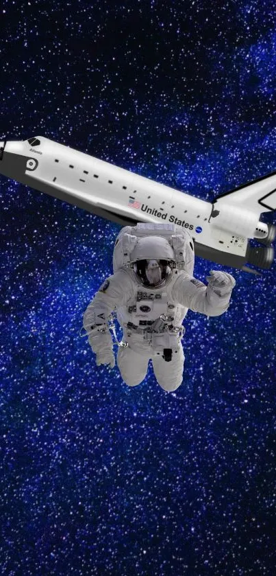 Astronaut floating with shuttle in starry space.