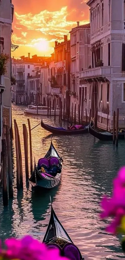 Venetian canal at sunset with gondolas and bright flowers.