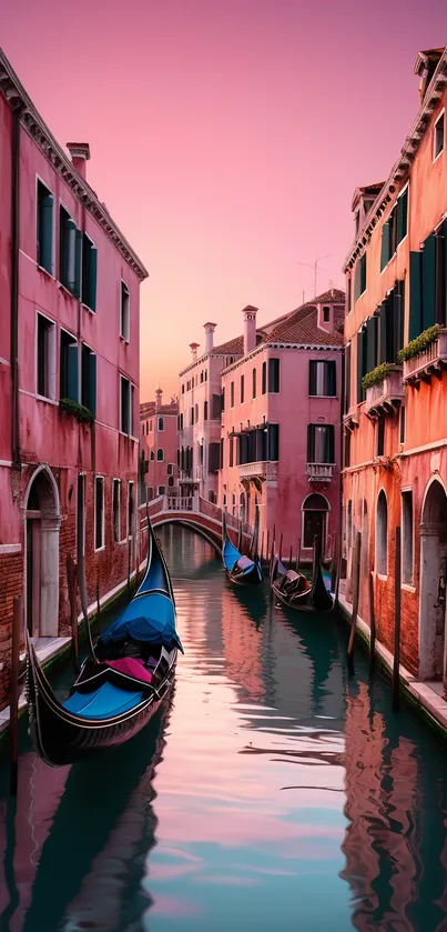 Venetian canal at sunset with gondolas.