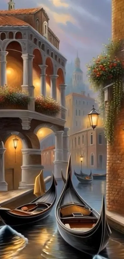 Venetian canal scene at dusk with gondolas and historic buildings.