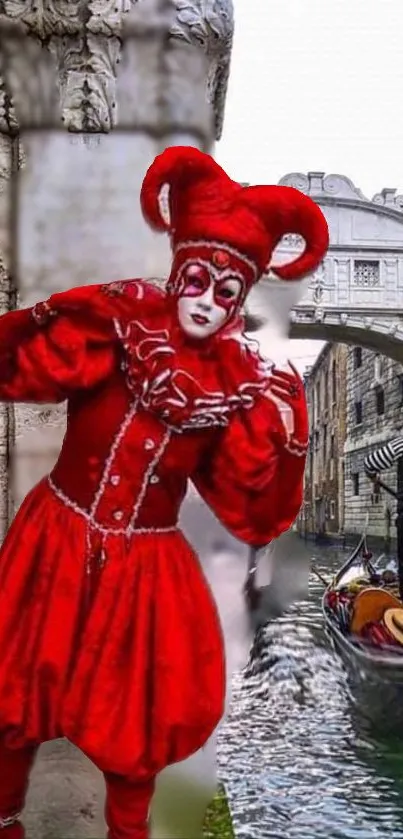 Venetian jester in red by the Bridge of Sighs.