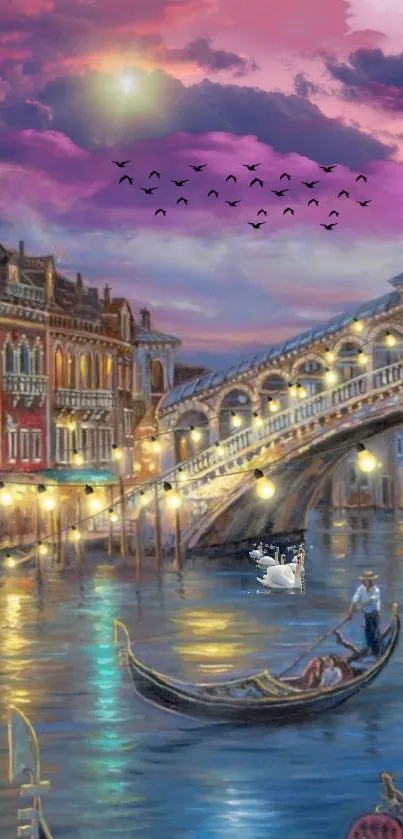 Venice evening scene with lit canal and gondola under a cloudy, purple sky.