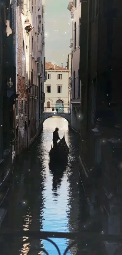 Silhouetted gondola in Venice canal at sunset with glowing reflections.