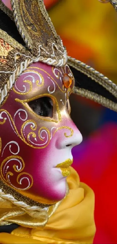 Colorful Venetian mask with golden and purple details.